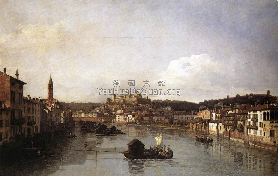 View of Verona and the River Adige from the Ponte Nuovo - 贝尔纳多·贝洛托